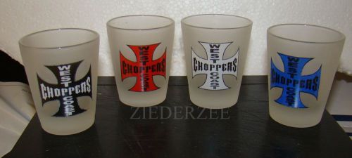 Set of 4 west coast choppers frosted shot glasses 4 colors motorcycle maltese cr