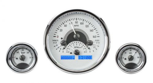 Universal 3 triple round analog dash gauges silver alloy / blue display vhx-1013