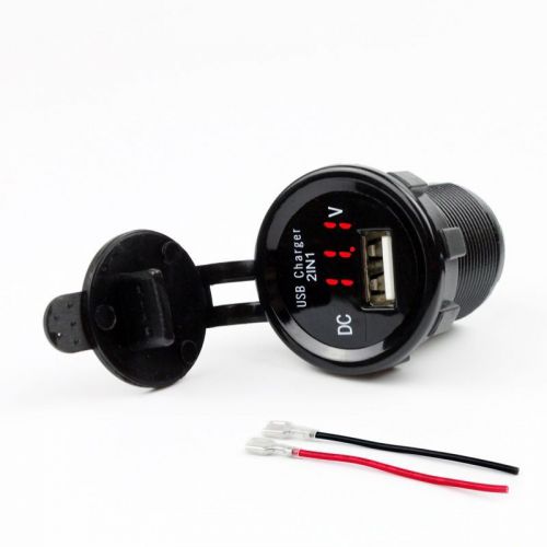 New 2in1 car boat motorcycle red led digital voltmeter +usb phone charger outlet