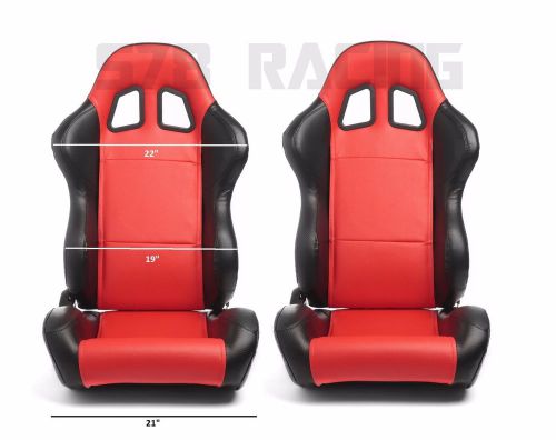 Pair reclinable black red leather ford mustang camaro racing seats + sliders