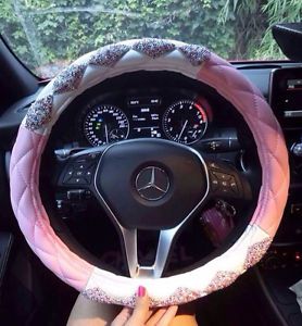 Luxury leather crystal studded rhinestone steering wheel cover universal 38cm