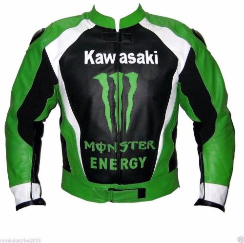 Men&#039;s kawasaki motor bike leather jacket with safety pads back hump --- handmade