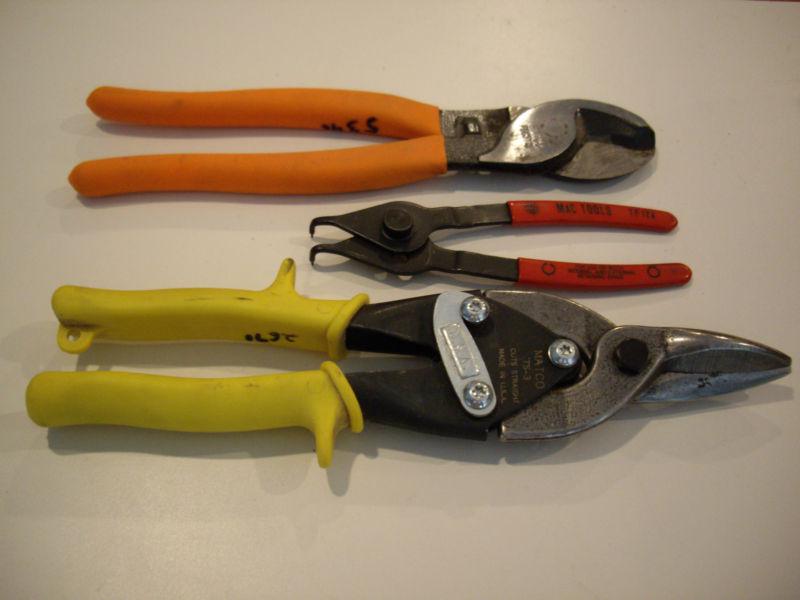 Matco and mac tools cable cutter, retaining ring pliers and straight snips
