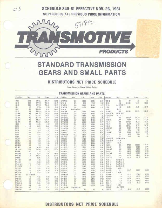 Transmotive transmission products distributors price list 11/26/81