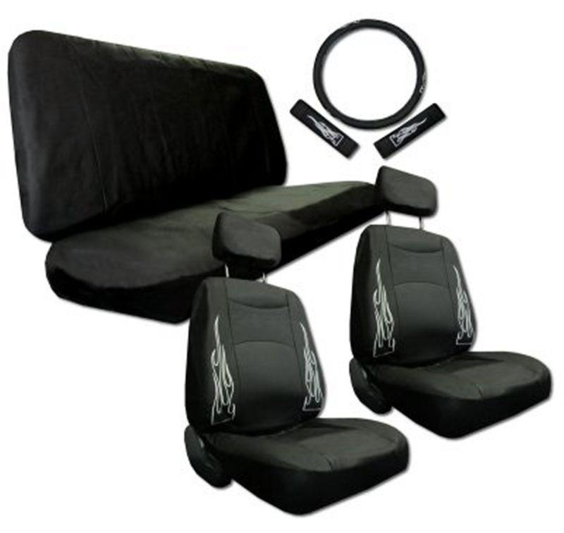Synthetic leather solid black flame sport racing car seat covers 9pc pkg #j