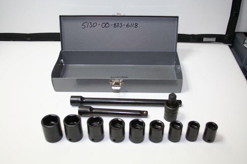 Allen brand standard impact socket set nos 1/2 drive 1 1/6 to 9/16 in metal case