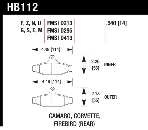 Hawk hb112u.540 dtc-70 brake pad camaro corvette firdbird rear .540 thick