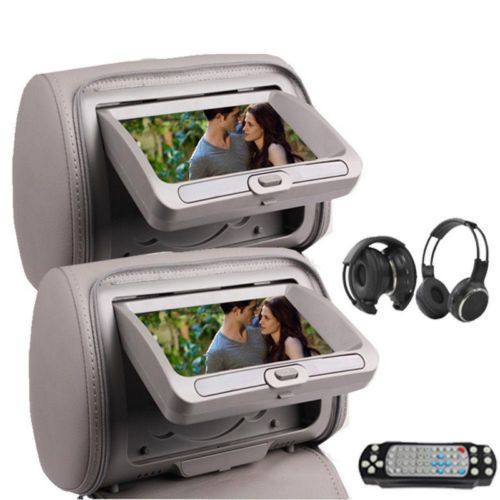 Gray 7&#034; lcd car headrest digital monitor dvd player pillow usb fm+ir headphone