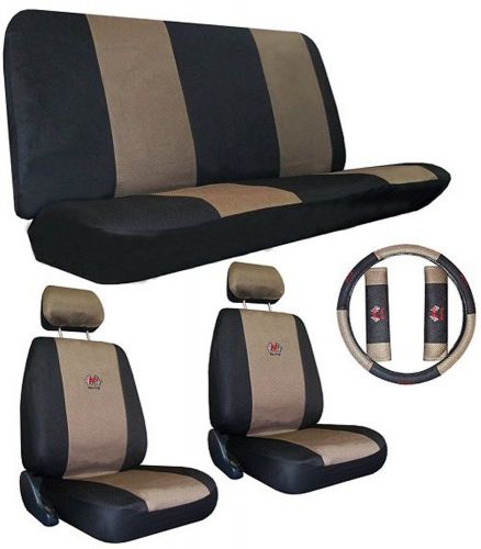 Tan black sport jersey racing car truck suv seat covers w/ racing logo pkg