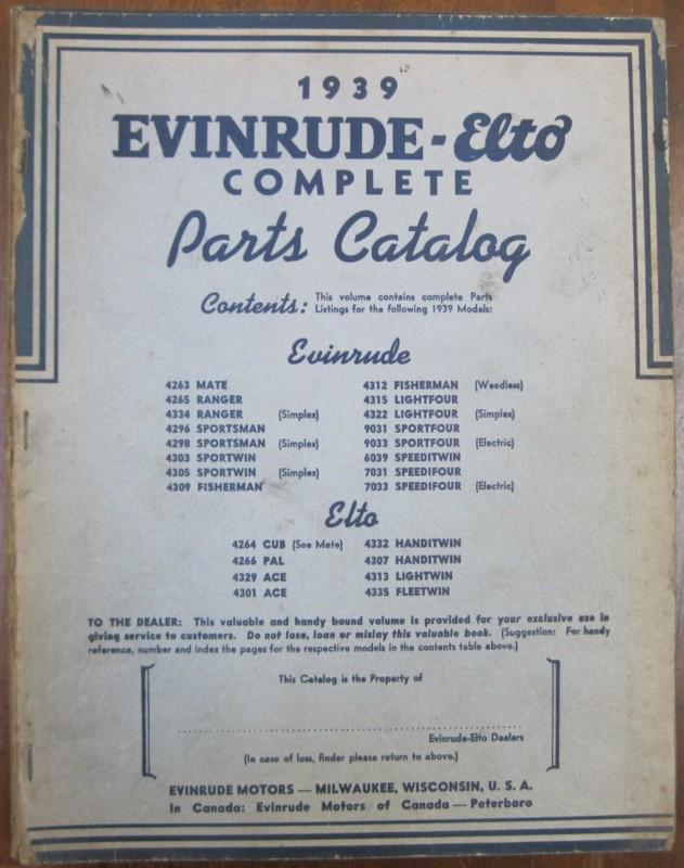 1939 evinrude – elto complete outboard motor parts catalog original