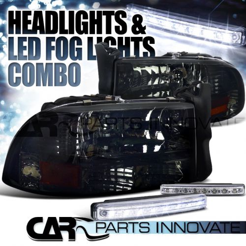 97-04 dakota 98-03 durango crystal smoke tinted headlights+8-led fog lamps
