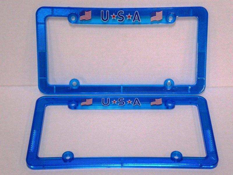 Two (2) blue reflective plastic license plate frames - "usa  & flags"