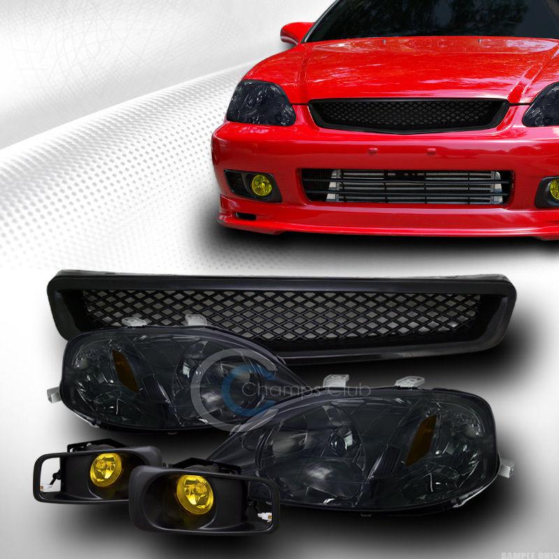 Smoke head light signal am+front mesh grill grille blk+bumper fog yl 99-00 civic