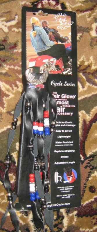 New hair glove wrap,. black leather with eagle and beads 8 inch 