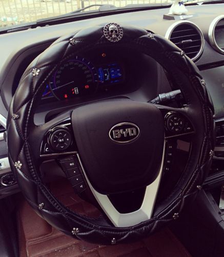 Skull design cool black leather vehicle car steering wheel cover 38cm m size