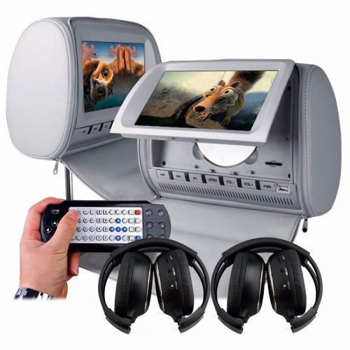 Gray pair 9&#034; hd car dvd lcd monitor player fm headrest pillow+cover+ir headphone