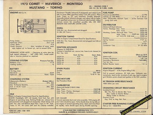 1973 ford comet/maverick/montego/mustang/torino 302 ci sun electronic spec sheet