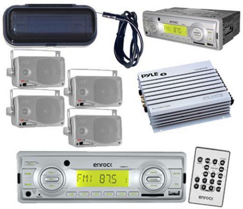 Silver enrock boat radio usb aux 4 3.5&#034; box speaker antenna amp cover remote kit