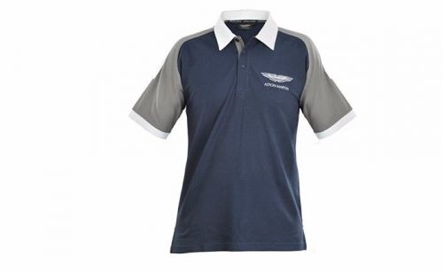 Aston martin mens gents polo rugby shirt - blue grey &amp; white - short sleeve