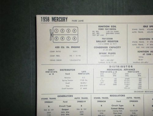 1958 mercury eight series park lane models 430 ci v8 tune up chart sheet