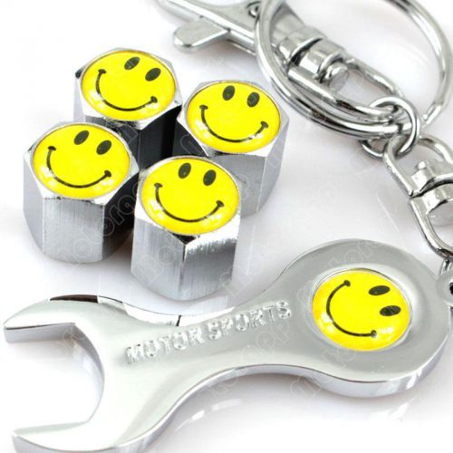 Car tire wheel valve stems air caps with keychain wrench yellow smile face