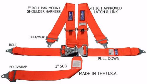 Rjs racing sfi 16.1 5pt latch &amp; link harness belt roll mount bar orange 1128605