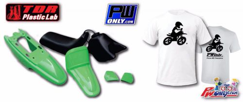Pw50 pw 50 yamaha green fender plastic kit, black seat &amp; tank, free pw t shirt