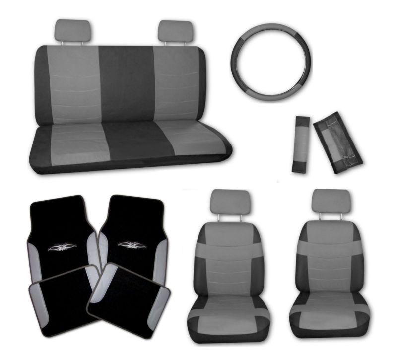 Superior faux leather grey blk car seat covers set w/ grey tattoo floor mats #d