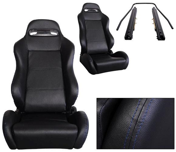 2 black leather + blue stitch racing seats reclinable + sliders pontiac new **