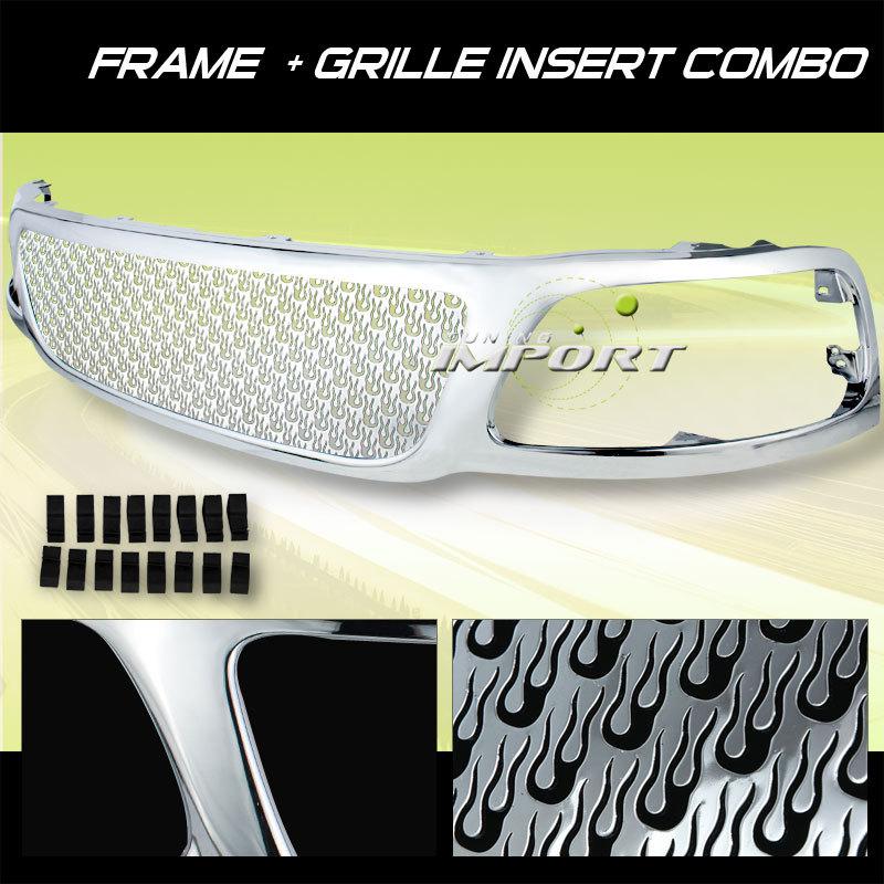 New euro style chrome frame replacement grille w/polish mesh flame style insert