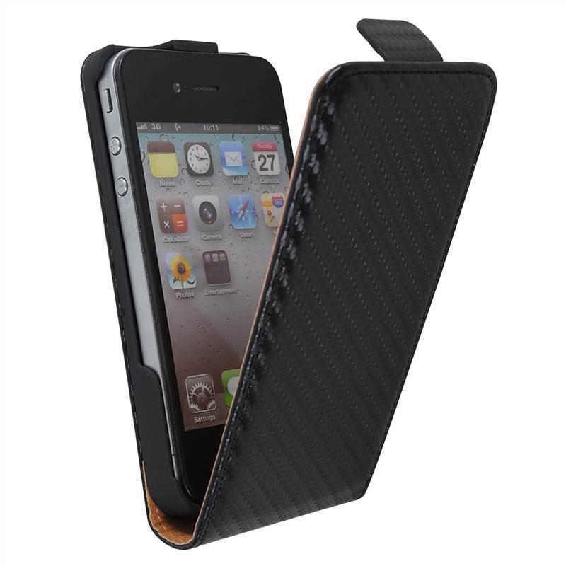 Carbon fibre flip case cover black for iphone 4 4g new
