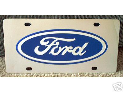 Ford oval vanity license plate tag stainless steel blue emblem