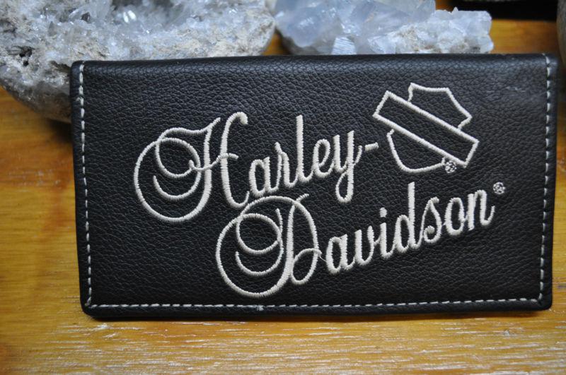 Harley-davidson embroidered script leather check book cover, 7"      made in usa