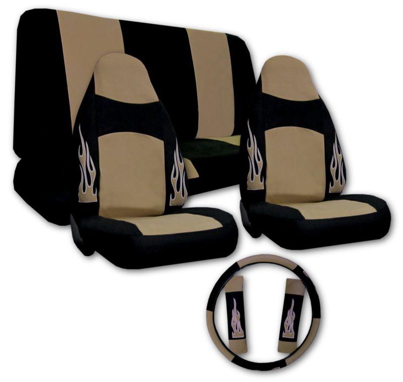 Flame tan black high back bucket velour cloth car truck suv seat covers set #z