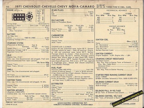 1971 chevrolet nova/chevelle/camaro 307 ci /200 hp car sun electronic spec sheet