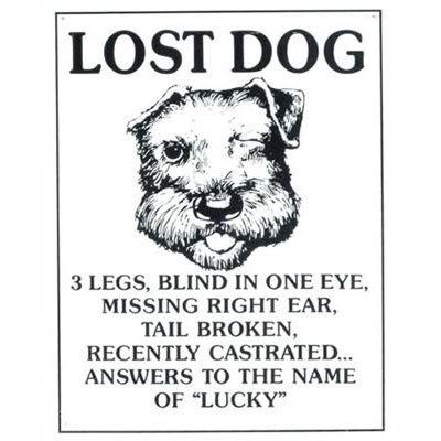 Ghh tin sign lost dog logo rectangle 12" width 15" height each