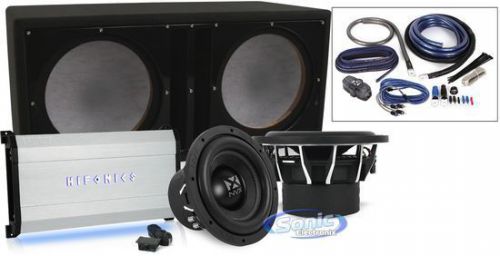 Bass package: 2 nvx vcw102 woofers + hifonics brx2400.1d amp w/ ported box + kit