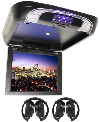 Tview t1591dvfd-black 15&#034; flip down dvd/usb/sd car monitor + 2 wireless headsets