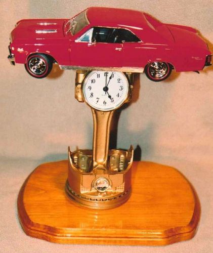 1967 chevelle s/s 350 piston clock  mounted on 11 x 9 wood plaque oak stained