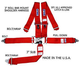 Rjs racing sfi 16.1 5pt latch &amp; link harness belt roll mount bar red 1128604
