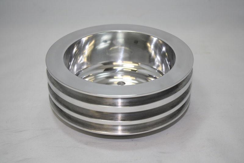 Sbc polished billet aluminum crank pulley triple 3 groove for long water pump