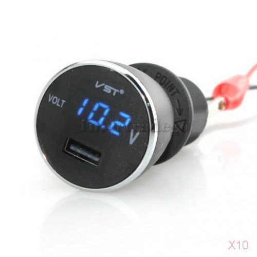 10x 2 in 1 car auto motorcycle blue led digital voltmeter &amp; usb charger