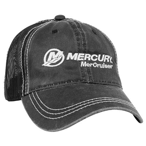 Mercury mercruiser weathered mesh back cap black hat