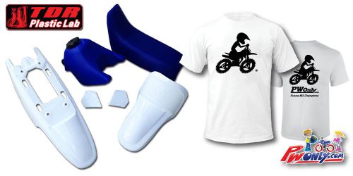 Pw50 pw 50 yamaha white fender plastic kit, blue seat &amp; tank, free pw t shirt