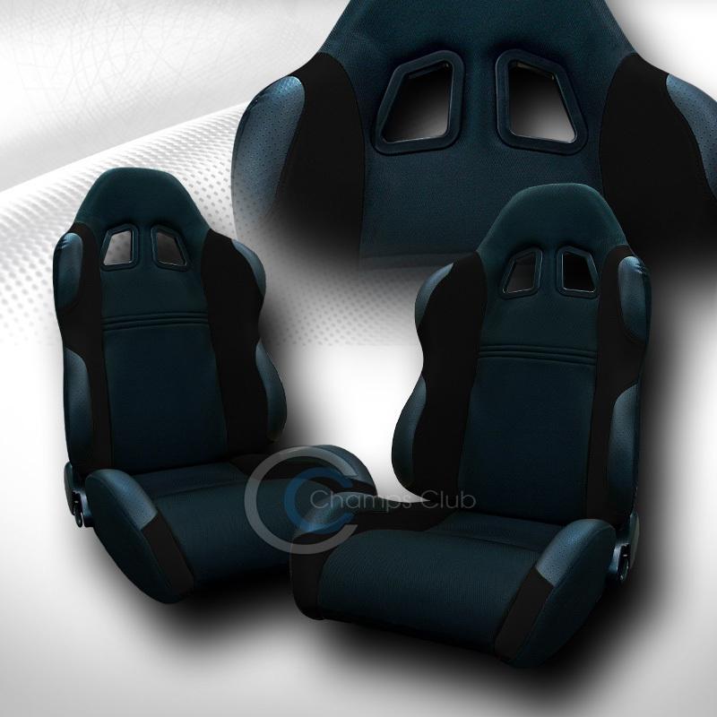 Universal jdm-ts blk cloth car racing bucket seats+sliders pair gmc honda hummer
