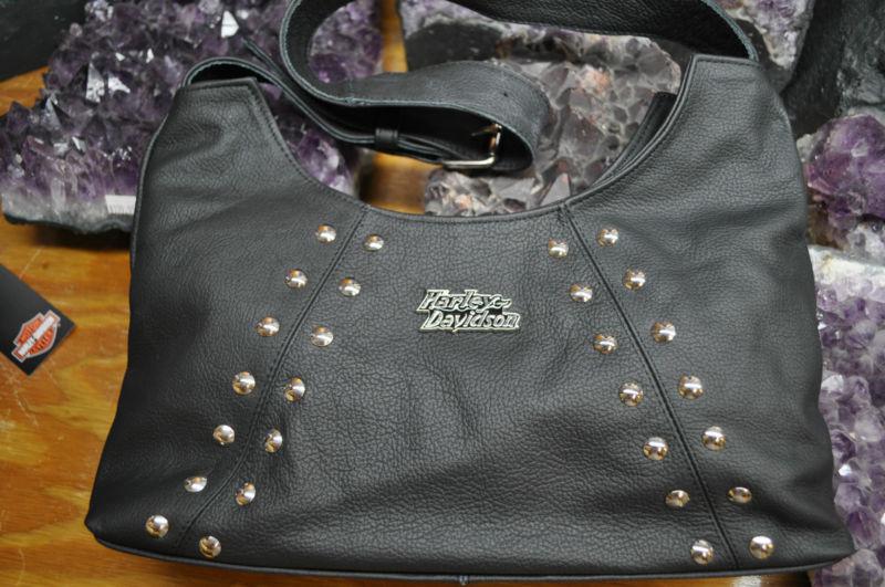 Harley-davidson leather purse, 8"x13", chrome studs, adj strap 24-30"made in usa