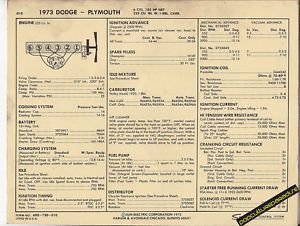 1973 dodge plymouth 225 ci / 105 hp 6 cylinder car sun electronic spec sheet