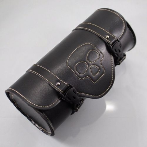 Motorcycle scooters barrel shape black skull leather tool pouch bag