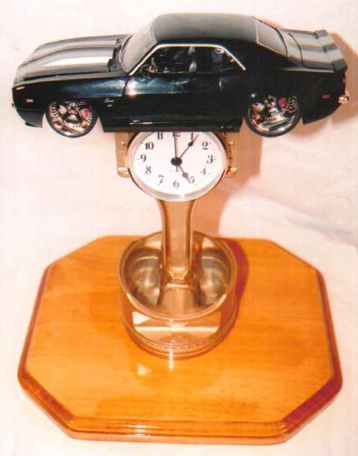 1969 camaro z/28  350 piston clock  mounted on 11x9 wood plaque oak stained