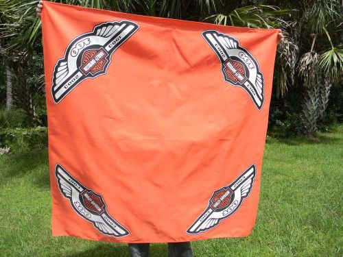 Harley 100th anniversary banner / table cloth   4 logos on 5 foot orange square